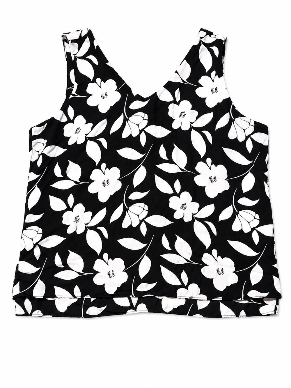 Ann Taylor Women's Black & White Floral V Neck & Back Blouse Large